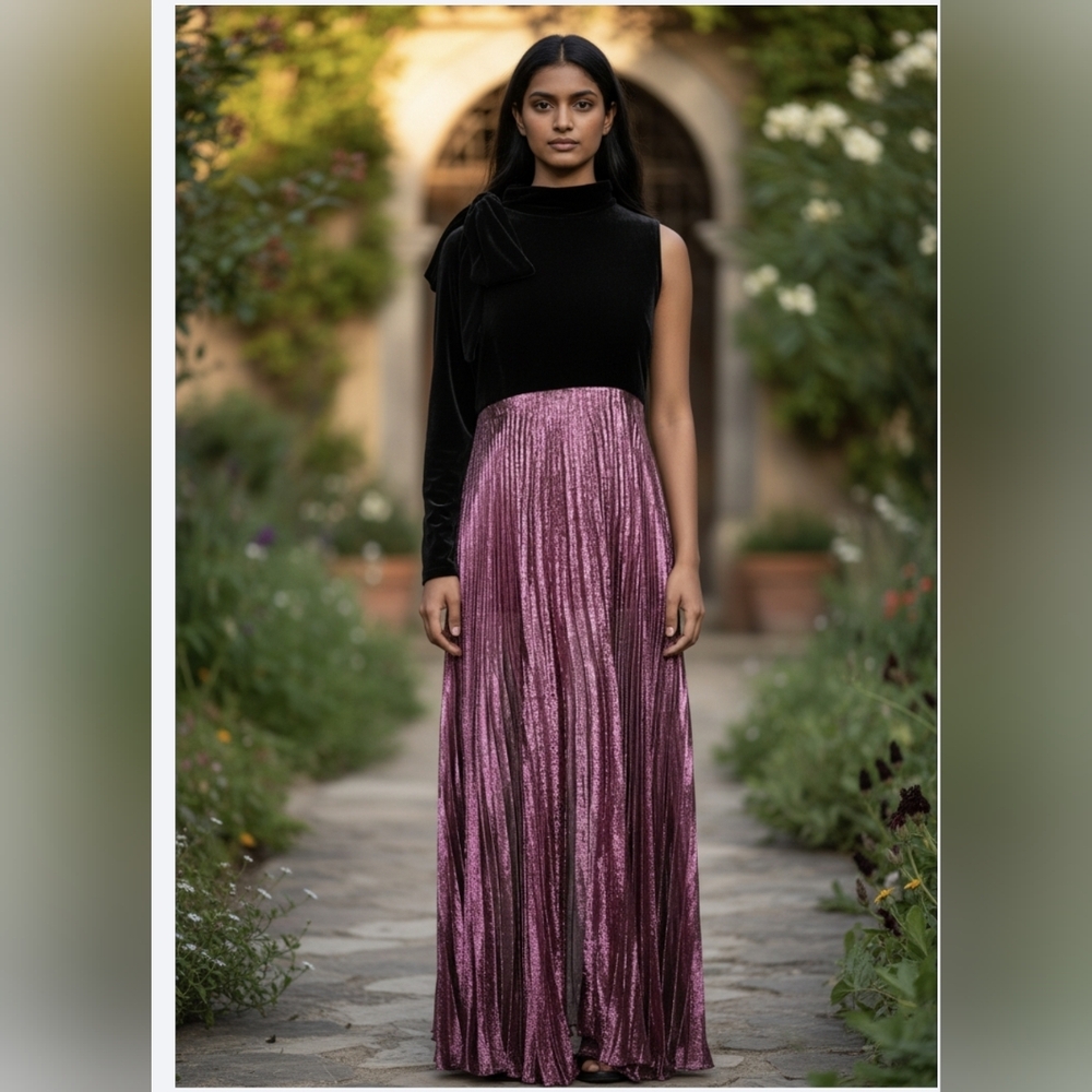 Reem Acra Black Velvet/ Pink Metallic Evening Dress (US2)
